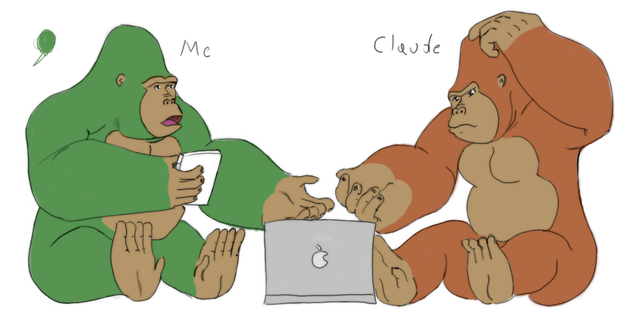 La imagen muestra dos gorilas frente a una computadora, uno verde representandome, y uno cafe reprecentando a claude